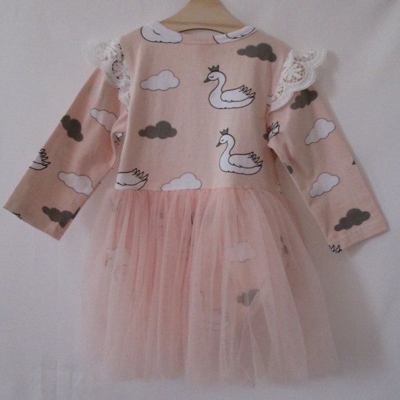 SHEIN Girls Pink Leotard Mesh Tutu White Geese Gray Clouds Print Size 90… - Picture 2 of 9